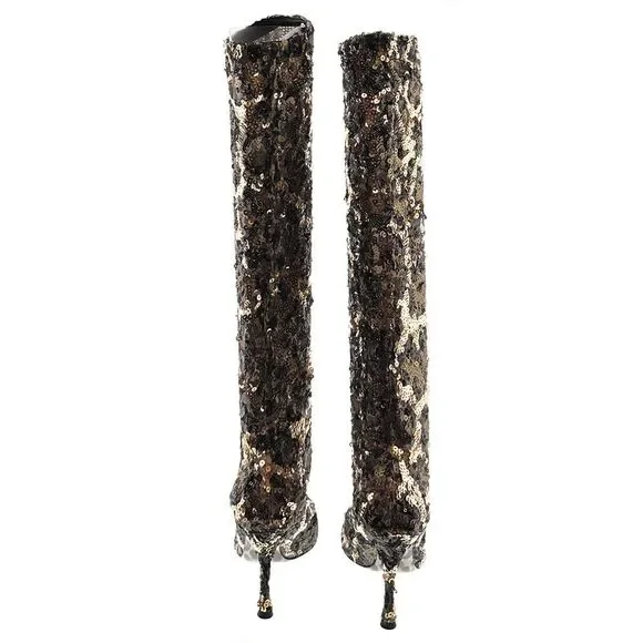 Dolce & Gabbana Sequin Embellished Leopard Knee-High Stiletto Boots-EU38